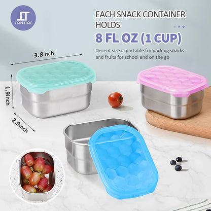 Tanjiae Small (1 CUP) Stainless Steel Snack Containers for Kids | Easy Open Leak Proof Food Containers with Silicone Lids - Perfect Metal Toddler Lunch Box for Daycare and School (8oz)