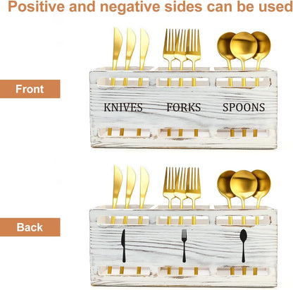 Wooden Silverware Cutlery Holder White Flatware Caddy Small Kitchen Utensil Holders for Party Wood Silverware Organizer Storage for Table Countertop Spoon and Fork Holder Utensils Caddy Basket