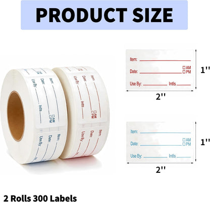 HUOJI 300pcs Removable Food Labels, 1'' x 3'' Date Stickers for Freezer, Refrigerator Food Containers, No Residue(2 Rolls, 2 Colors)