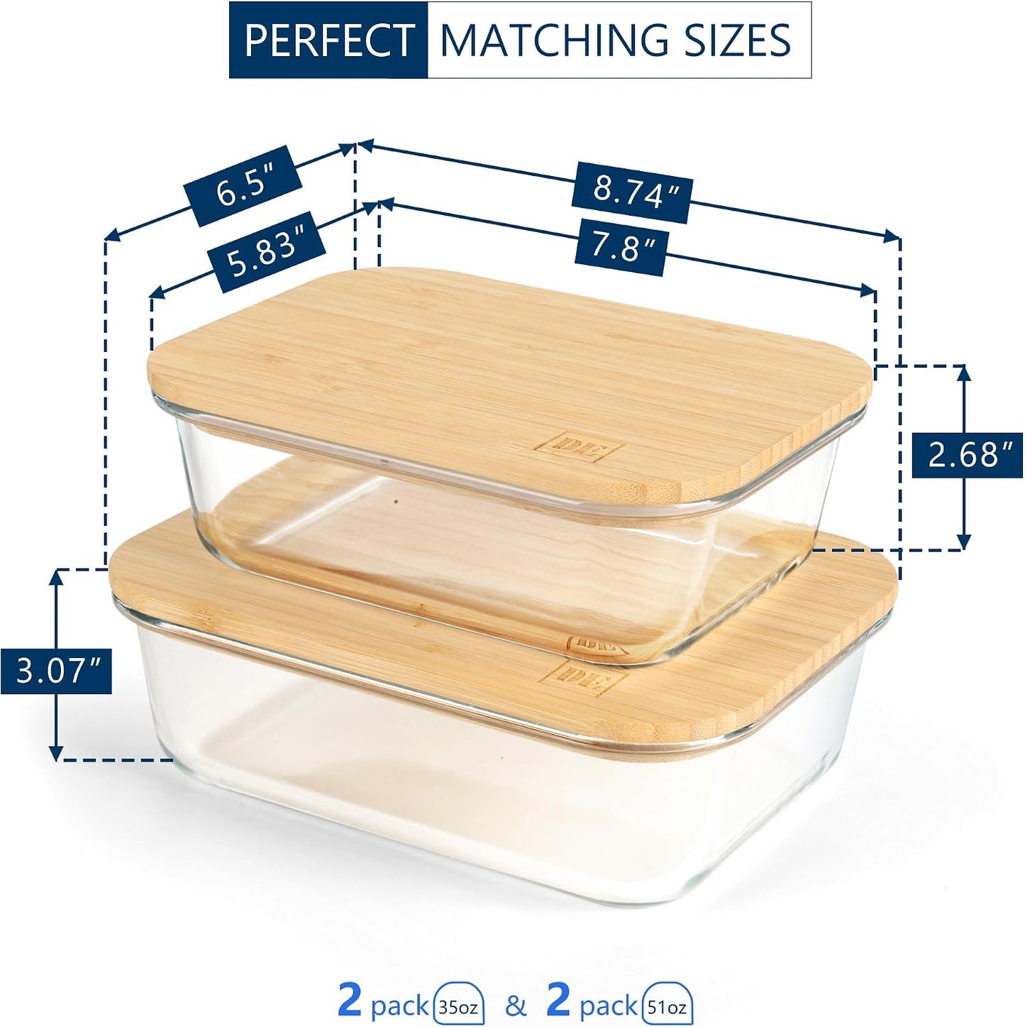 Glass Food Storage Containers with Bamboo Lids (4-Pack, 36oz) Airtight, Leakproof, BPA-Free Borosilicate Glass Meal Prep Containers – Eco-Friendly, Oven/Microwave/Freezer Safe-Plastic-Free & Reusable