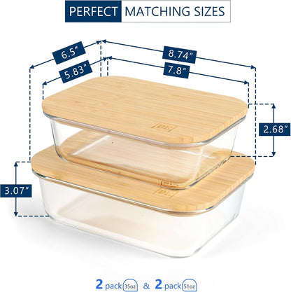 Glass Food Storage Containers with Bamboo Lids (4-Pack, 36oz) Airtight, Leakproof, BPA-Free Borosilicate Glass Meal Prep Containers – Eco-Friendly, Oven/Microwave/Freezer Safe-Plastic-Free & Reusable