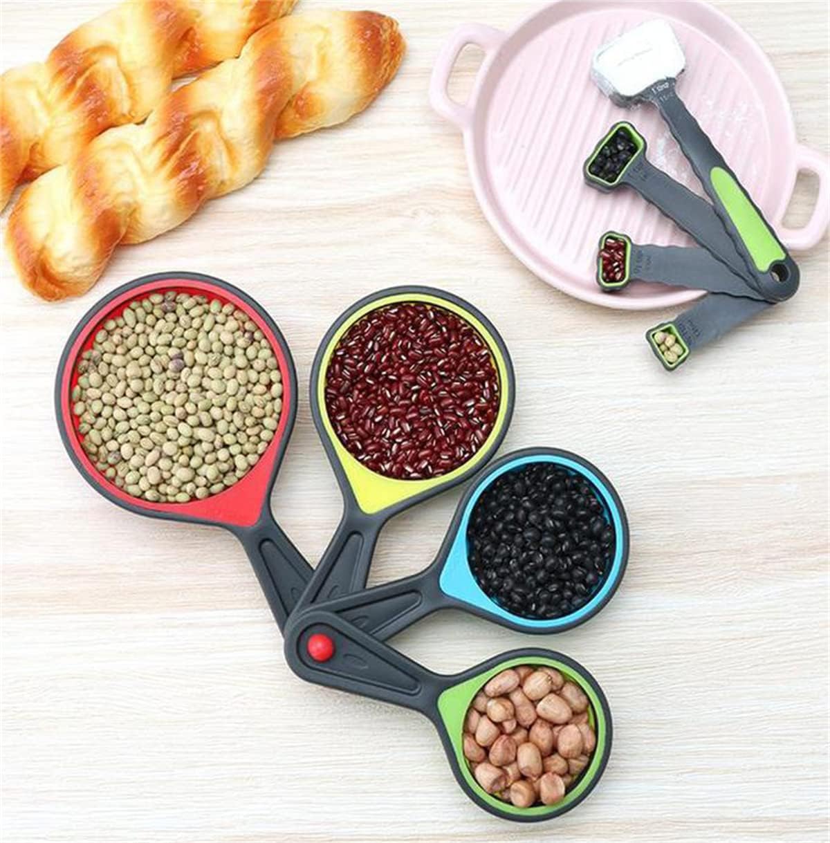 New Version 11Pack Silicone Kitchen Strainer Collapsible Colander with Foldable Silicone Measuring Spoon Measuring Cup Kitchen Good Tools (Blue) 9.6 * 1.1
