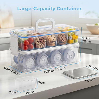 Homelove Snackle Box Container, Snack Organizer Divided Serving Tray with 2 Plastic Ice Packs, Lid with Handle, Double-layer Tray and 5-Compartment Snack Platter for Travel Party Beach Picnic