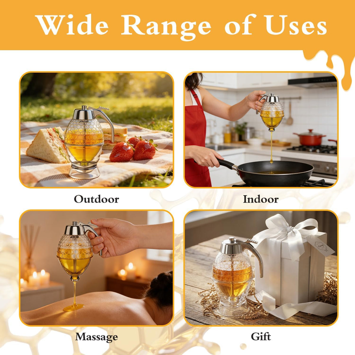 Honey Dispenser No Drip Glass 8 oz with Plastic Top, Beautiful Honeycomb Shaped Honey Jar with Stand - 6" Clear Container, Honey Pot, Maple Syrup Dispenser, Perfect Bee Decoration for Home Kitchen