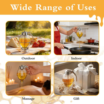 Honey Dispenser No Drip Glass 8 oz with Plastic Top, Beautiful Honeycomb Shaped Honey Jar with Stand - 6" Clear Container, Honey Pot, Maple Syrup Dispenser, Perfect Bee Decoration for Home Kitchen