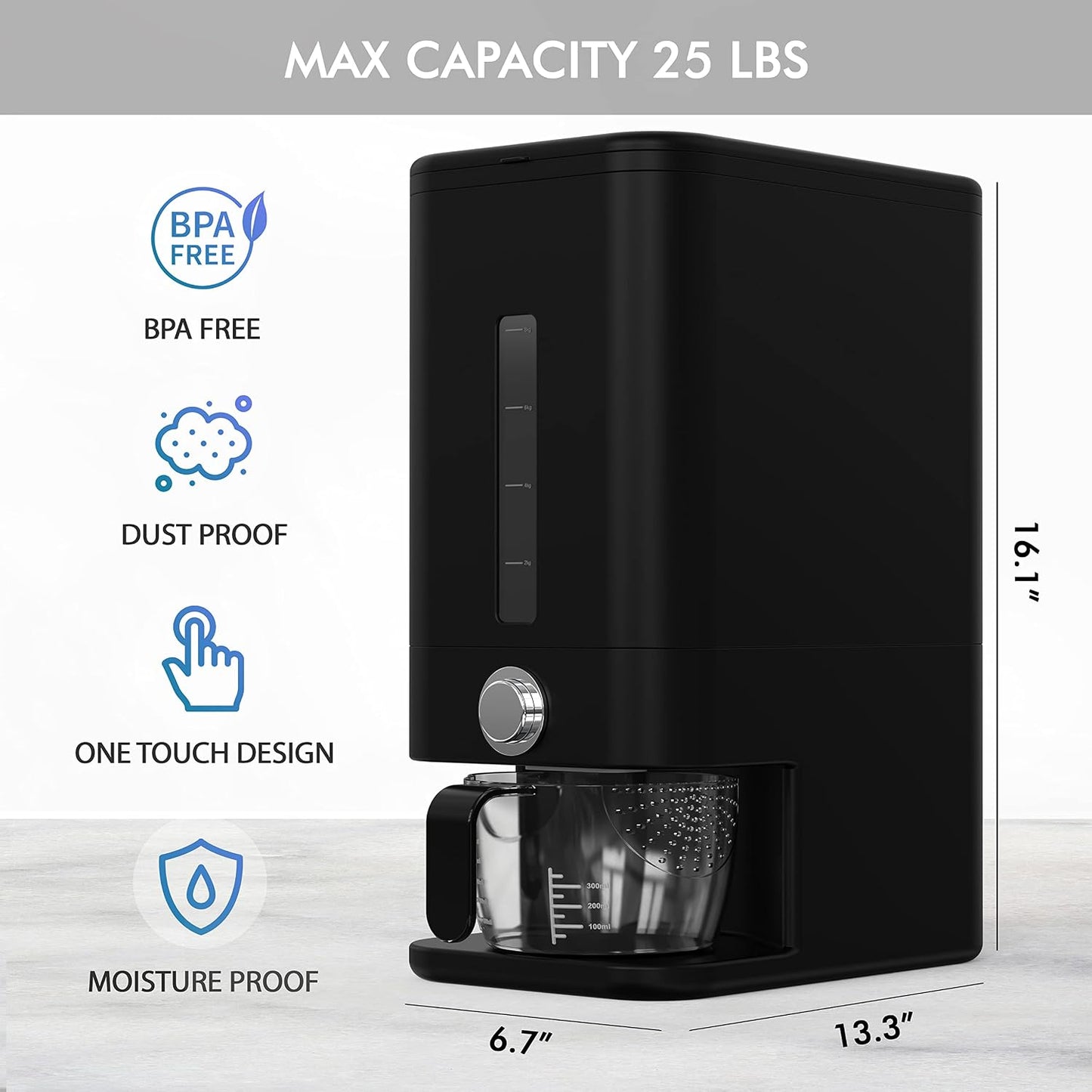 25lb Rice Dispenser - Air Tight Grain & Rice Container With Smart Quantity Dispense, Measuring Cup - NEW Black Design Grain Storage Container.