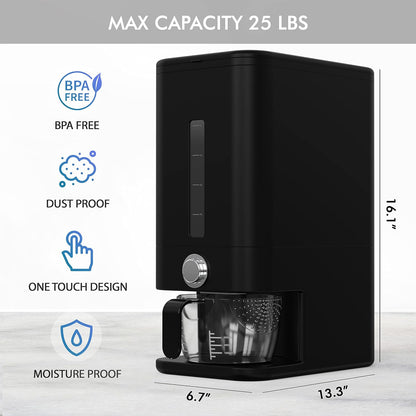 25lb Rice Dispenser - Air Tight Grain & Rice Container With Smart Quantity Dispense, Measuring Cup - NEW Black Design Grain Storage Container.