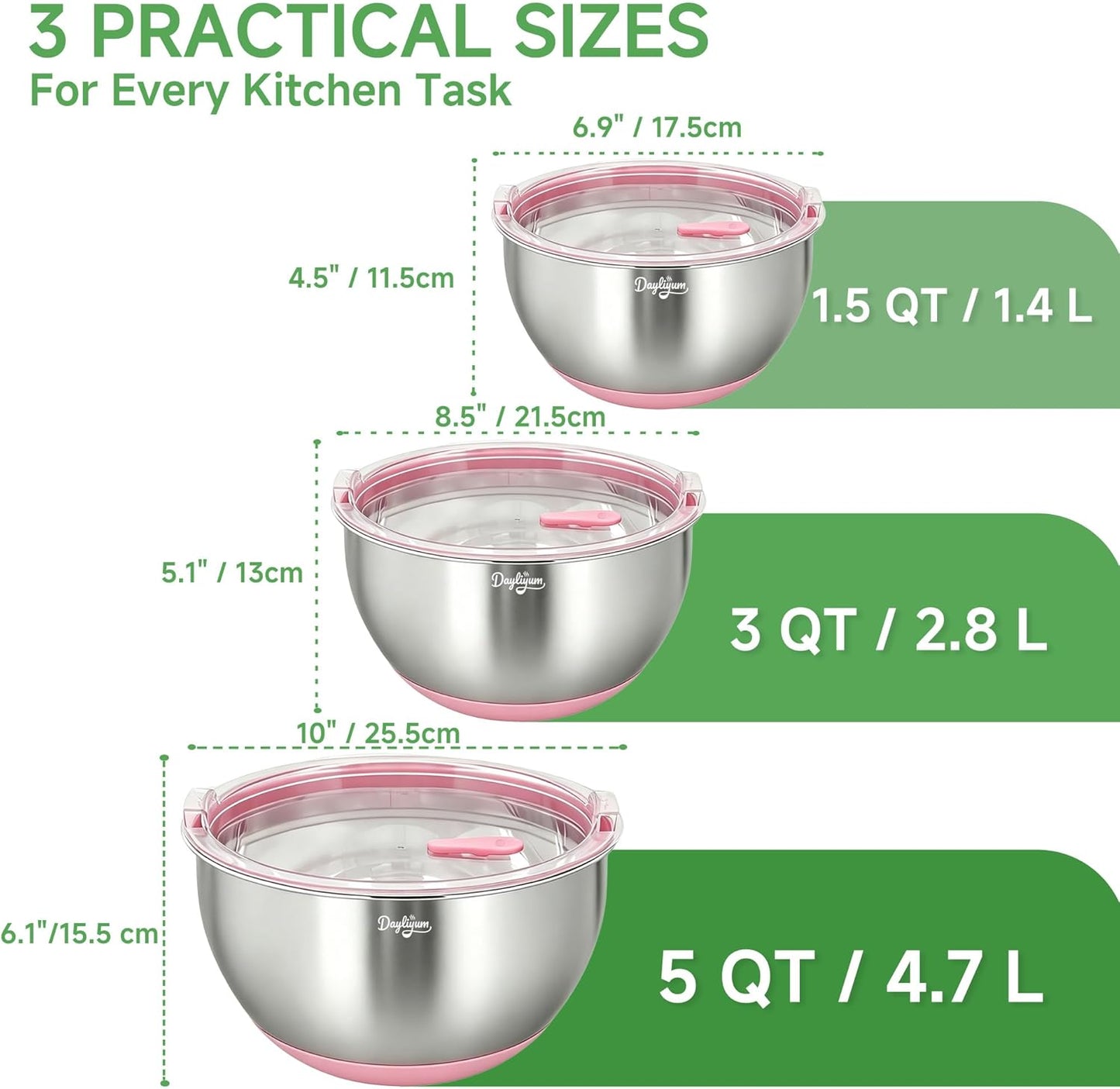 Mixing Bowls with Airtight Lids, Stainless Steel Nesting Bowl Set with Clear Lids & Valve, 3 Essential Sizes (1.5/3/5 QT), Measurement Marks, Non-Slip Silicone Base, Food Prep & Fridge Storage, Black