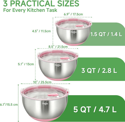 Mixing Bowls with Airtight Lids, Stainless Steel Nesting Bowl Set with Clear Lids & Valve, 3 Essential Sizes (1.5/3/5 QT), Measurement Marks, Non-Slip Silicone Base, Food Prep & Fridge Storage, Black