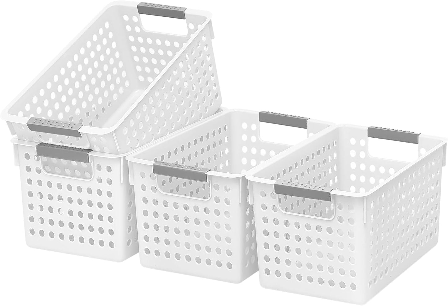 Soddeph 4 Pack Plastic Deep Storage Basket with Handles, Cubbies Organizer Bins with Hollow Design for Under Counter, Closet, Kitchen or Bathroom 12.3" × 8.7" × 6.9"(White, Medium)