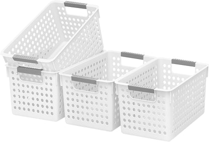 Soddeph 4 Pack Plastic Deep Storage Basket with Handles, Cubbies Organizer Bins with Hollow Design for Under Counter, Closet, Kitchen or Bathroom 12.3" × 8.7" × 6.9"(White, Medium)