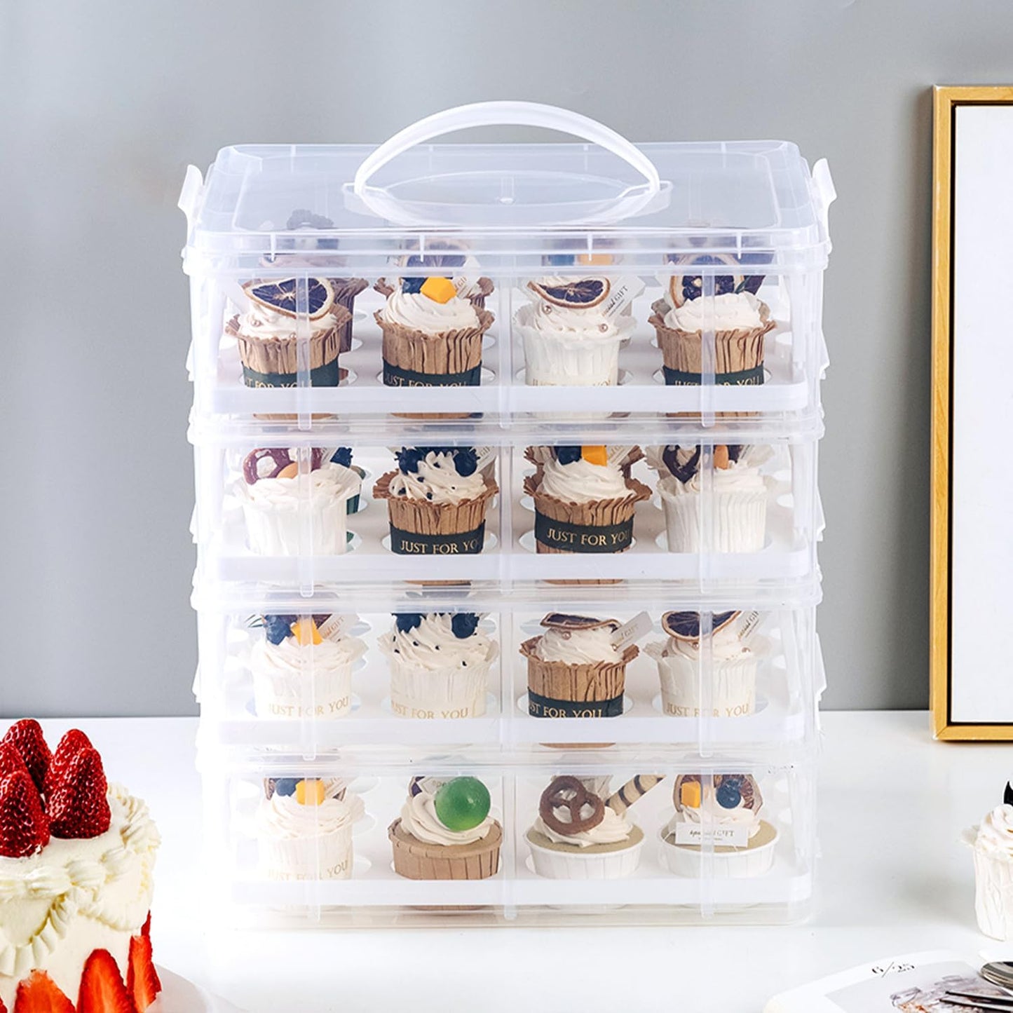 Cupcake Carrier Stackable Storage Container Collapsible Cake Carrier with Lid and Handle, with 50 PCS Cupcake liners,Reusable Plastic Dessert Travel Container,Transport Box (48 Cupcakes White)