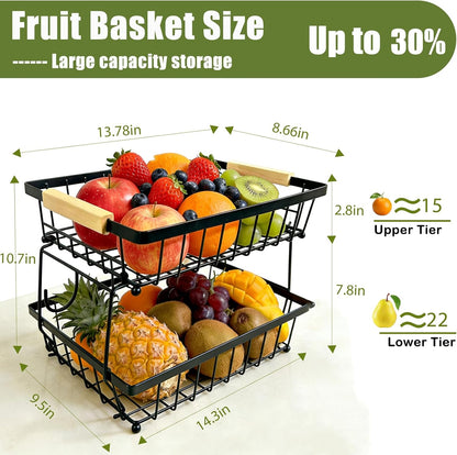 2 Tier Fruit Basket for Kitchen Counter, Large Fruit Holder with 2 Banana Hooks, Detachable Metal Fruit Stand with Wooden Handle, Kitchen Storage Cart,Vegetable Basket, Snack Rack