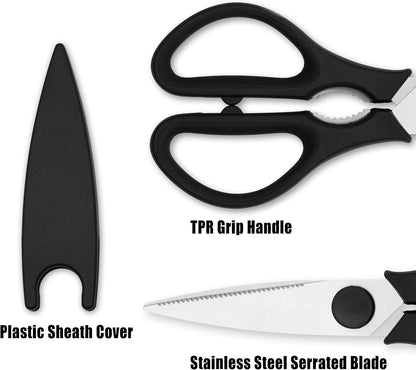 Grip Multi-Purpose Stainless Steel Kitchen Scissors - Non-Slip TPR Grip - Serrated Blade - Cuts Meat, Vegetables, Fish, Poultry, Fruits, Pizza - Nut cracker/Bottle opener - Dishwasher Safe (Blk/Grey)