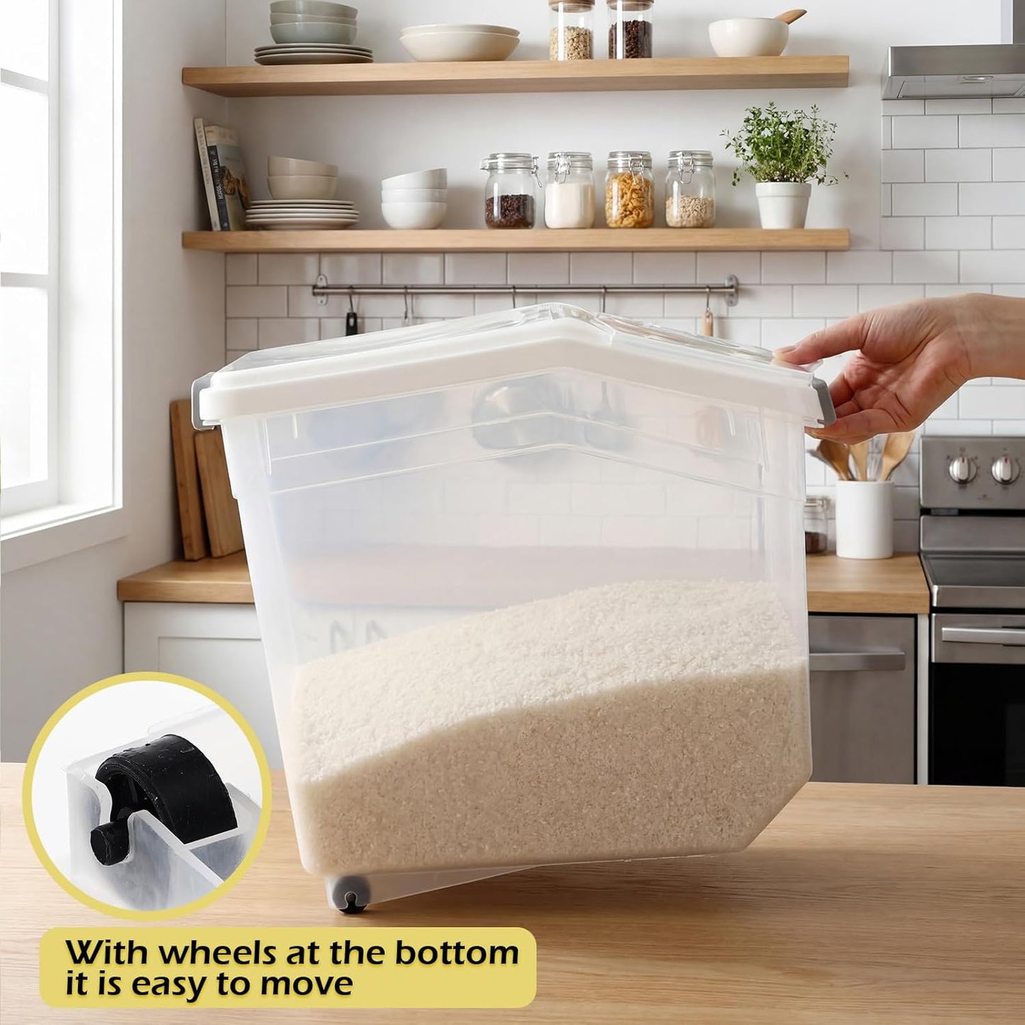 Sunnyray 4 Pcs Rice Storage Container 22 lb Airtight Flour Container with Wheels Measuring Cup Clear Pet Food Cube Dog Cat Birds Food Bin Grain Cereal Organizer Box for Dry Baking Supplies(White Lid)