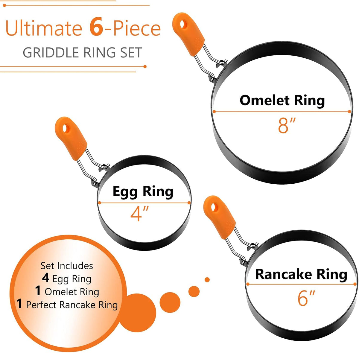 Patelai 6 Pcs Egg Rings Griddle Pancake Molds, Round Style, 4, 6, 8 Inch