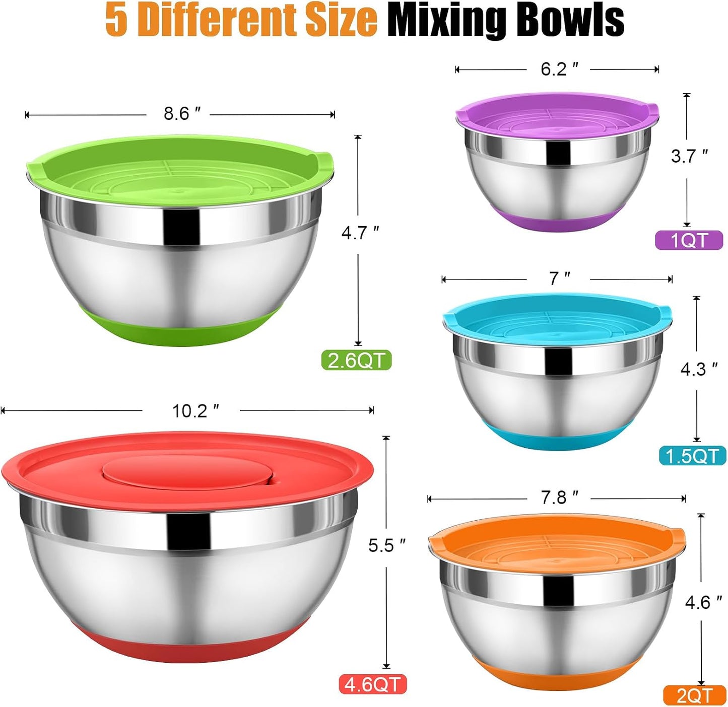 P&P CHEF Mixing Bowl with Lid Set, 5 Piece Stainless Steel Mixing Nesting Bowls for Salad Storage, 3 Grater Attachments & Non-Slip Bottoms, Size 1/1.5/2 / 2.6/4.6 QT, Black