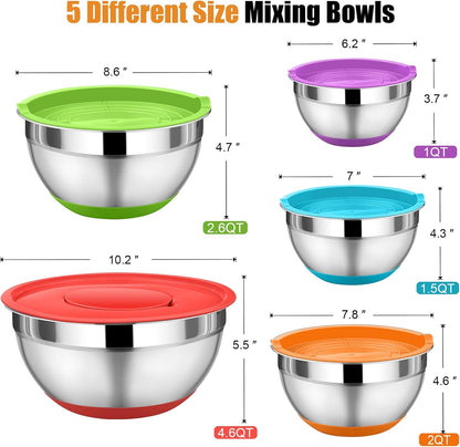P&P CHEF Mixing Bowl with Lid Set, 5 Piece Stainless Steel Mixing Nesting Bowls for Salad Storage, 3 Grater Attachments & Non-Slip Bottoms, Size 1/1.5/2 / 2.6/4.6 QT, Black