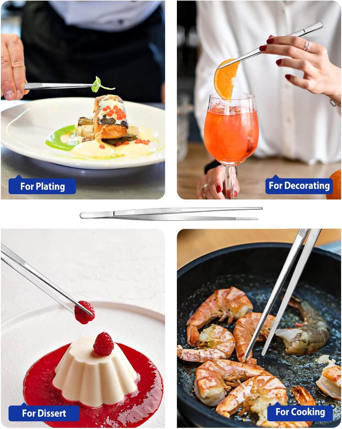4 Pcs Fine Long Tweezer Tongs Professional Black, 12'' and 10'' Stainless Steel for Kitchen, Food, Cooking, Repairing, Sea food and BBQ