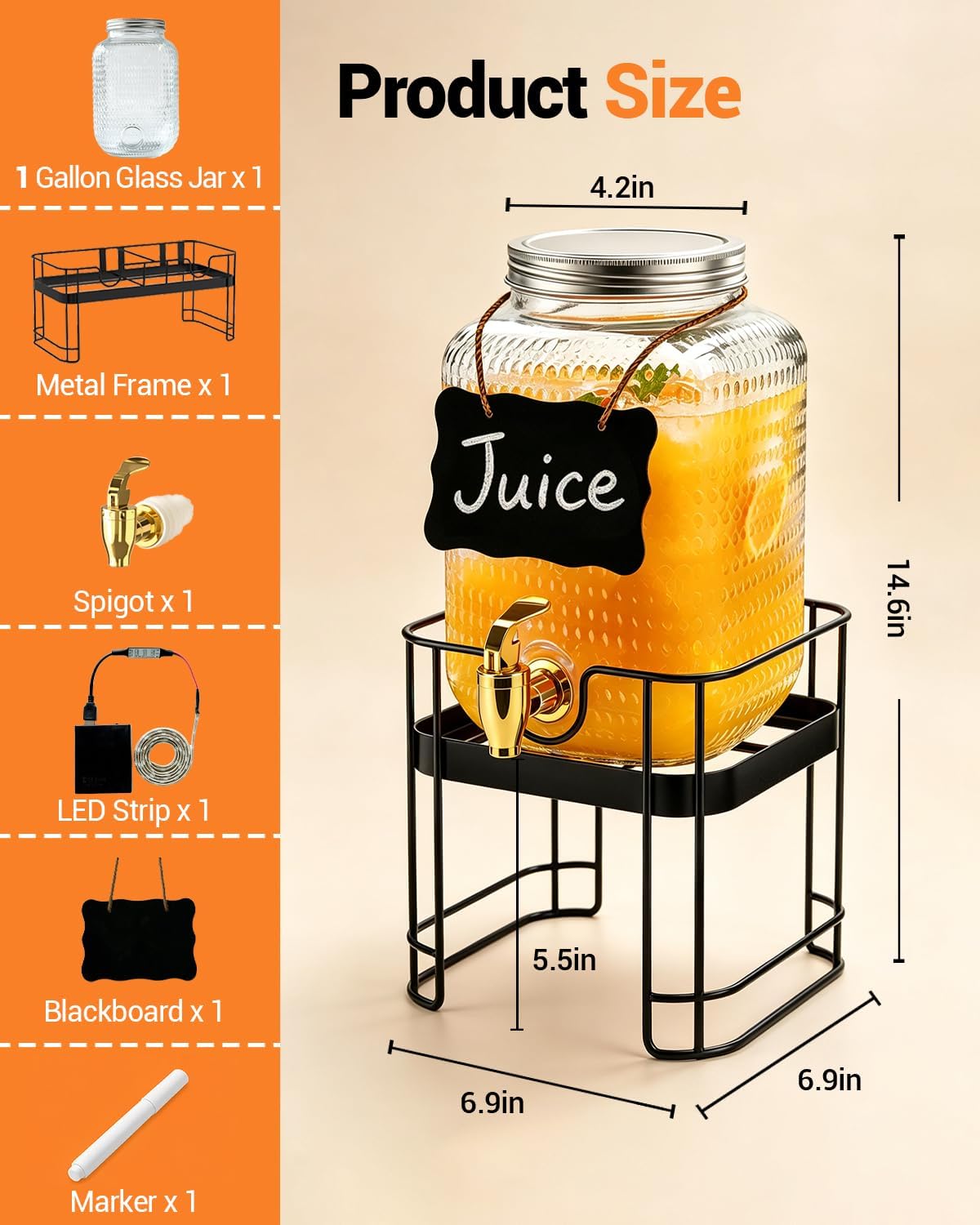 PAROTO Glass Drink Dispensers for Parties, 2 Pack 1 Gallon Each Beverage Dispenser with Stand and LED Strip Light, Juice Lemonade Water Dispenser with Spigot for Wedding, Bar, Picnic, BBQ, Buffet