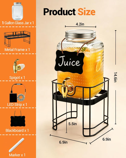 PAROTO Glass Drink Dispensers for Parties, 2 Pack 1 Gallon Each Beverage Dispenser with Stand and LED Strip Light, Juice Lemonade Water Dispenser with Spigot for Wedding, Bar, Picnic, BBQ, Buffet