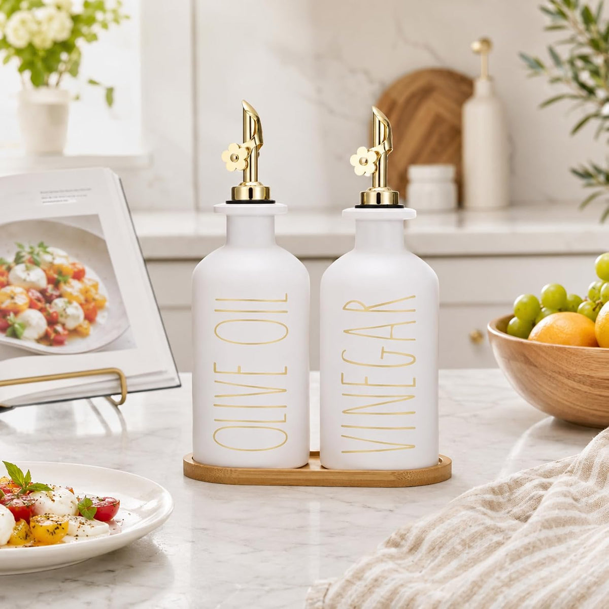 HOMCDALY Premium Olive Oil Dispenser for Kitchen, 11.8oz Glass Oil Bottles with Bamboo Tray, White Oil&Vinegar Cruet Set, Kitchen Dispenser Bottles with Pourer| Set of 2 (11.8oz –P–White)