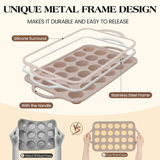 Vinino 2Pack Silicone Muffin Pans for Baking with Metal Reinforced Frame, 12 Cups Regular Size Nonstick Silicone Cupcake Pan, BPA Free Oven Dishwasher Safe Baking Mold for Muffins Cupcakes