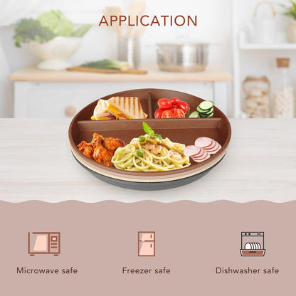 greenandlife 9 Inch 4PCS Portion Control Plates with Lids, Divided Plates for Kids Adults, Dishwasher Microwave Safe Compartment Plate, Unbreakable Lightweight Reusable Wheat Straw Plate, Earth Tone