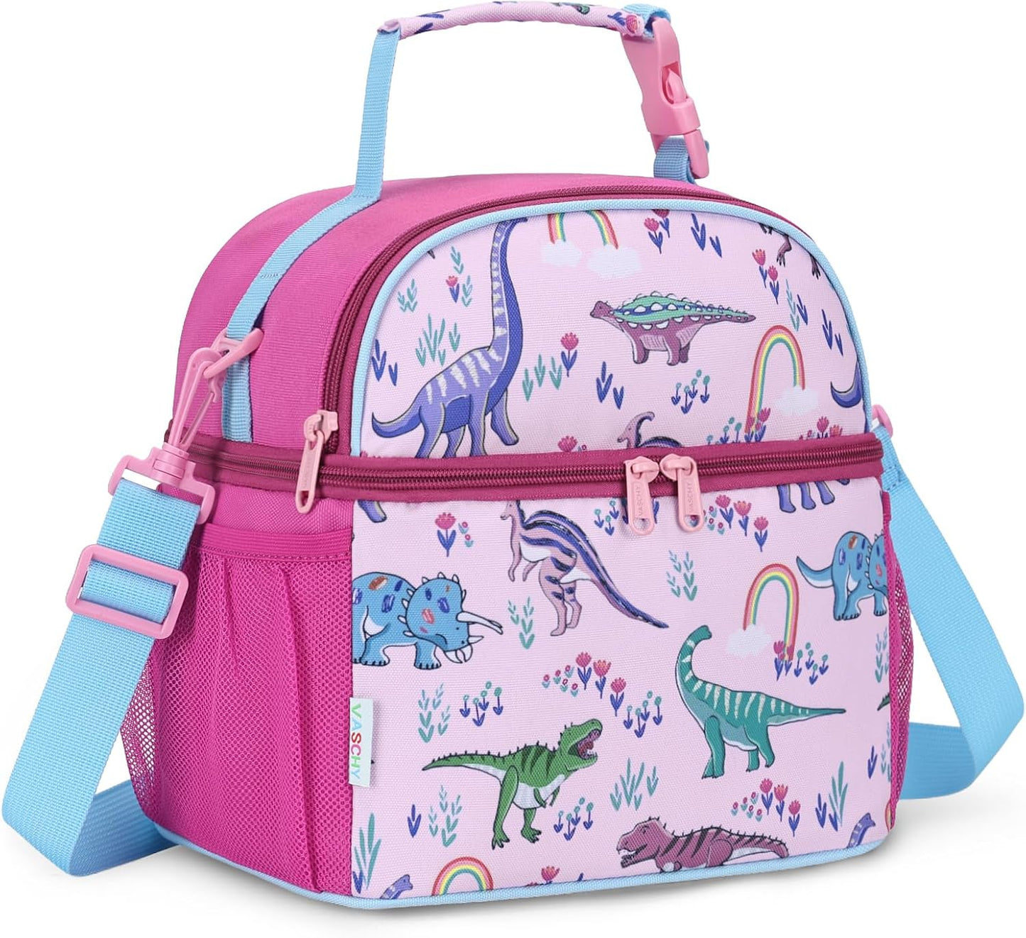 VASCHY Lunch Box Bag for Kids, Insulated Double Compartments Cooler Lunch Tote for Toddlers Boys Girls School/Daycare/Picnic Black Dinos