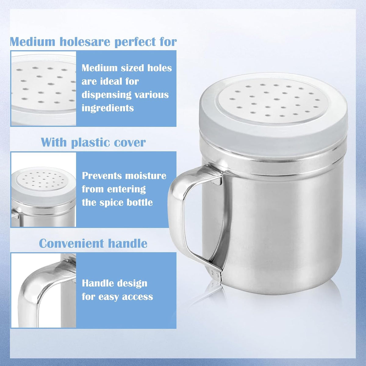 2Pcs Metal Salt Pepper Dredge Shakers, Stainless Steel Pepper Shaker Seasoning Jar With Handle, With Hole And Cover, Suitable For Pepper, Cinnamon And Coffee Spice Jars (Small-6OZ)