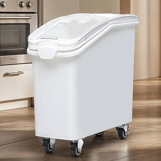 DWVO 21 Gal Large Ingredient Storage Bin, Flour Rice Food Storage Containers Bin with 500 Cups, Commercial Bins with 360° Wheels, Scoop and Lid for Kitchen, White