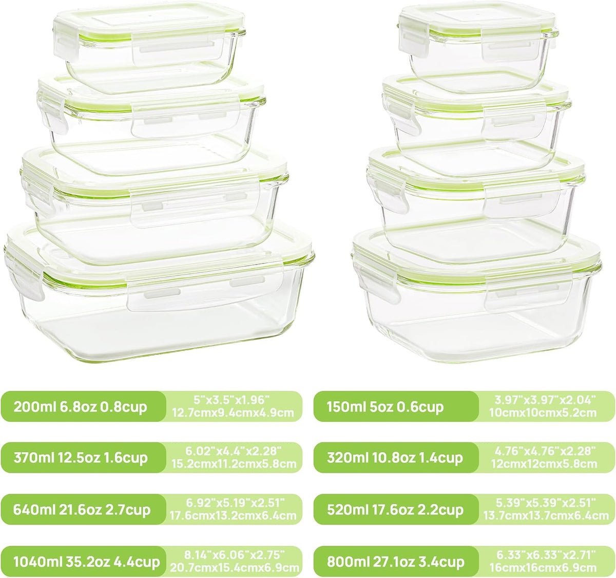 Vtopmart 8 Pack Glass Food Storage Containers with Airtight Lids, Glass Meal Prep Containers, Lunch Office Meal for Microwave, Oven, Freezer and Dishwasher, BPA Free