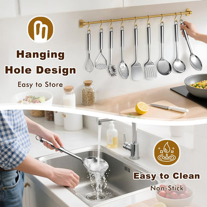 9 Pcs Cooking Utensils Set, Stainless Steel Kitchen Utensils, Heat Resistant Metal Kitchen Tools Include Solid & Slotted Spatula, Serving Spoon, Ladle, Pasta Server,Potato Maseher, Egg Whisk, Silver