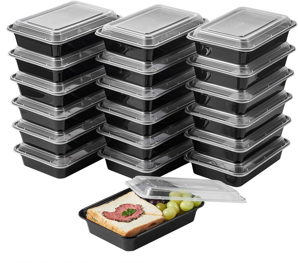 FULING 32 oz 50 ct Round Meal Prep Containers with Lids Plastic Food Storage Lunch Plan To Go Box Disposable Take Out Bowls Black BPA Free Reusable Durable Stackable Microwave Freezer Dishwasher Safe