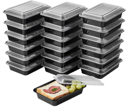 FULING 32 oz 50 ct Round Meal Prep Containers with Lids Plastic Food Storage Lunch Plan To Go Box Disposable Take Out Bowls Black BPA Free Reusable Durable Stackable Microwave Freezer Dishwasher Safe