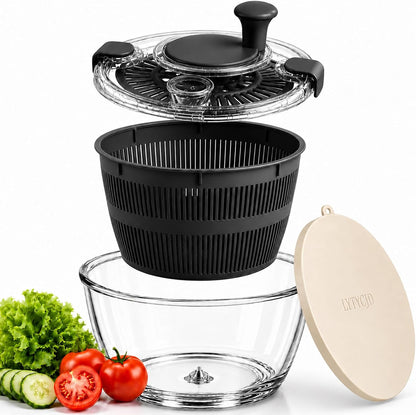 Large 5.2 Qt Glass Salad Spinner with Storage Lid Glass Bowl Black
