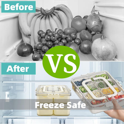 Divided Serving Tray with Lid and Handle, Snackle Box Container Portable Snack Platters with 7 Compartments & Forks, Ice Chilled Organizer for Fruits, Veggies, Salad, Perfect for Entertaining,Picnic