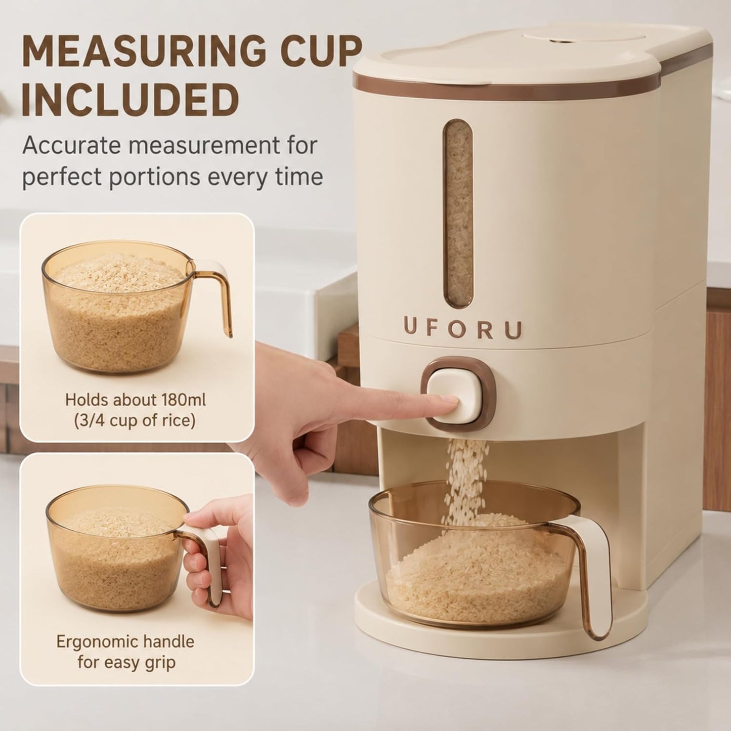 ROOM127 Slim Rice Dispenser 11 Lbs, Airtight Rice Storage Container with Measuring Cup, One-Touch Dry Food & Cereal Dispenser with Clear Window for Kitchen Countertop, Milk Tea Brown