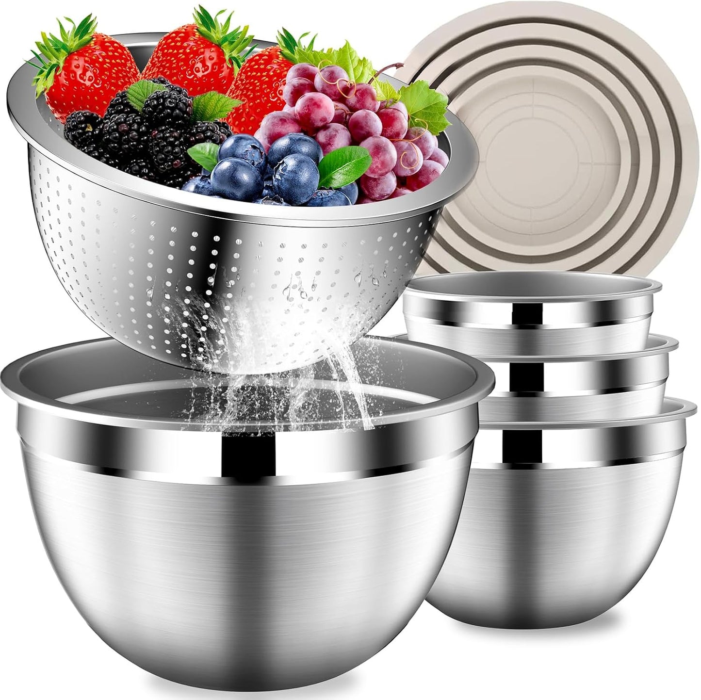 DUTZUN Mixing Bowls with Lids Set - 16pcs Stainless Steel Mixing Bowl Set with Colander, 3 Grater Attachments, Non-Slip Bottom, Metal Nesting Bowls with Strainer for Mixing & Serving - Black