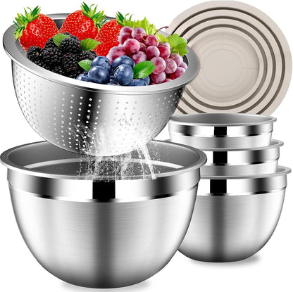 DUTZUN Mixing Bowls with Lids Set - 16pcs Stainless Steel Mixing Bowl Set with Colander, 3 Grater Attachments, Non-Slip Bottom, Metal Nesting Bowls with Strainer for Mixing & Serving - Black