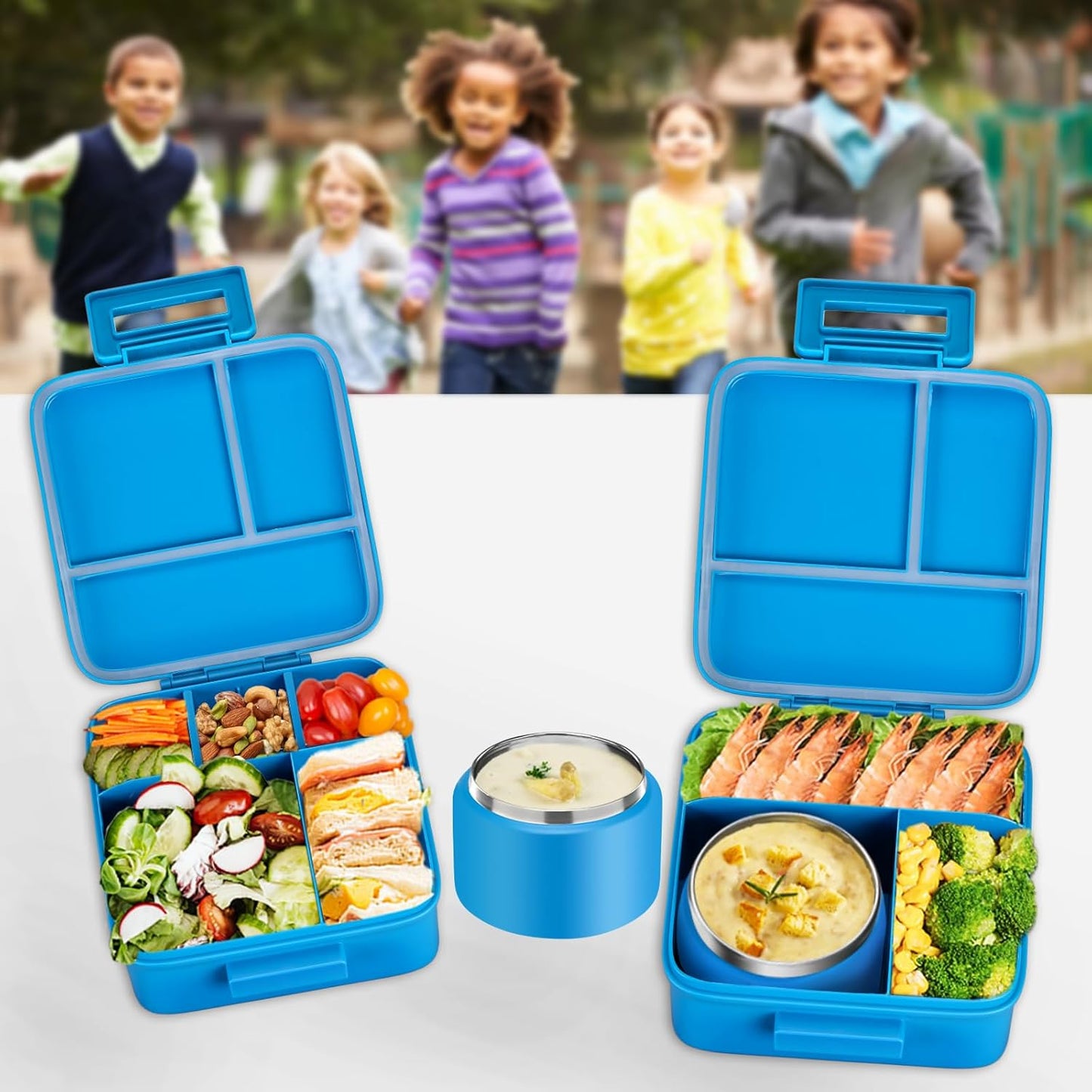 MAISON HUIS Bento Lunch Box with 8oz Soup Thermo and Insulated Lunch Bag, Kids Leakproof Lunch Food Containers with 5 Compartment, Boys Girls Thermo Hot Food Jar for Travel, School, BPA Free (Black)
