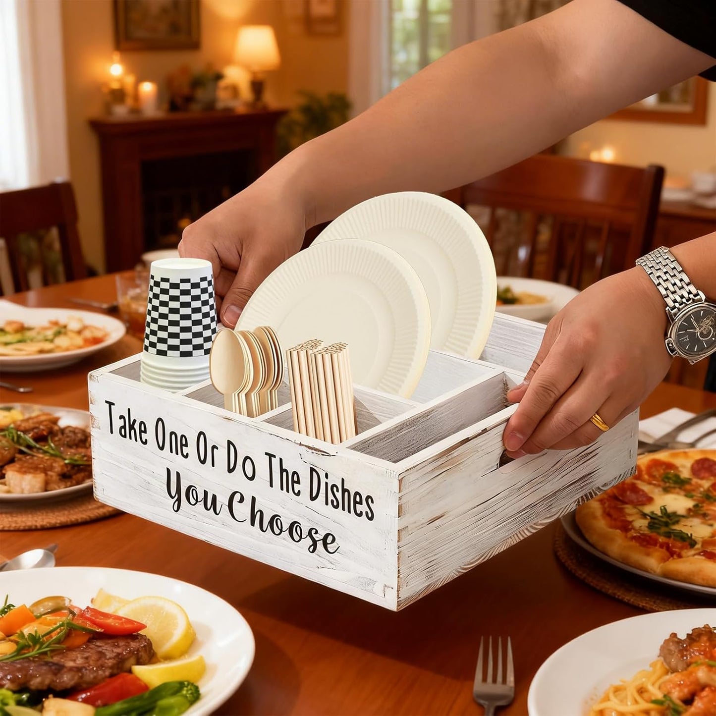 Paper Plate Organizer Cutlery Holder for Party Paper Plate Caddy Silverware Holder Utensil Holder Caddy Plate Dispenser with Handles for Cups, Forks, Spoons, Napkins