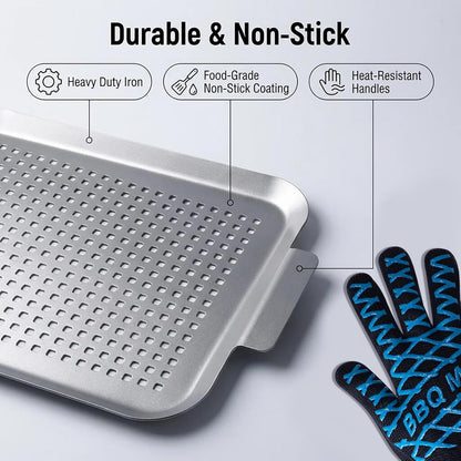 Grill Topper Grilling pans Set of 2, Non-Stick Barbecue Trays, 17" x10" and 13.3"x7.4" Durable Grill Pans with Holes, Metal Topper Baskets for Barbecue & Smoked Meat, Vegetables & Seafood