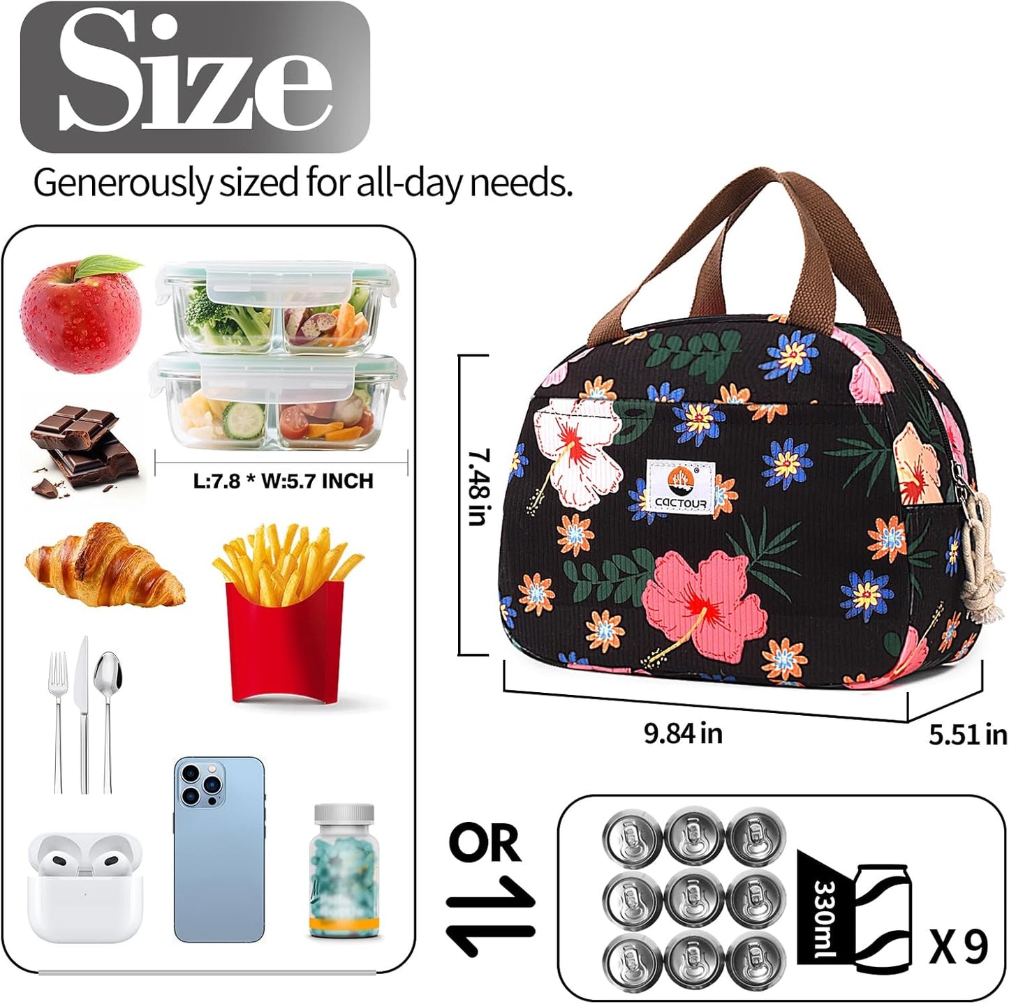 CaCTOUR Lunch Box for Women Girls Teens,Cute Lunch Box Cooler Bag, Portable Insulated Small Lunch Bag Women Reusable Corduroy Lunch Tote for Work/Travel/Picnic/School (Dog Green,Small)