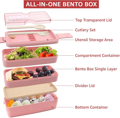 Bento Box Japanese Lunch Box Kit Leakproof Bento Lunch Box for Kids Adults Wheat Straw 3 Layer Stackable Lunch Containers with Compartment Eco-Friendly Meal Prep Containers (Beige)
