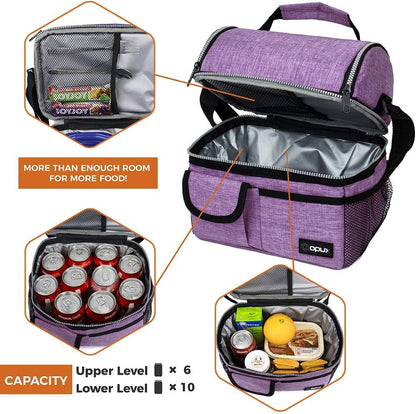 opux Insulated Lunch Bag Women Men, Dual Compartment Leakproof Lunch Box Adults Kids, Double Decker Meal Prep Bento Lunch Cooler Tote with Shoulder Strap for Work Office School Travel, Floral Purple