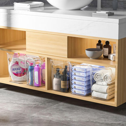 Tall Narrow Clear Bins with Dividers, Plastic Containers for Organizing Kitchens and Bathrooms - 14" L, 2 Pack