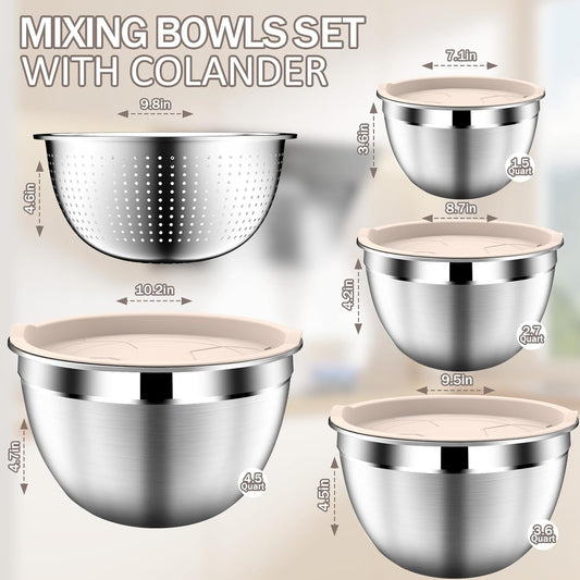 DUTZUN Mixing Bowls with Lids Set - 16pcs Stainless Steel Mixing Bowl Set with Colander, 3 Grater Attachments, Non-Slip Bottom, Metal Nesting Bowls with Strainer for Mixing & Serving - Black