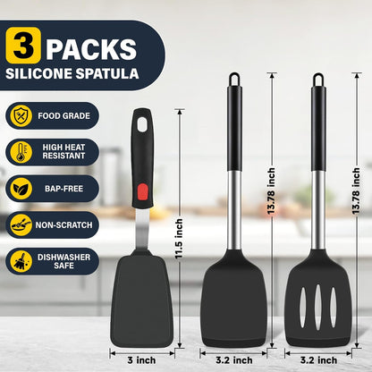Silicone Spatula Set, Heat Resistant Solid & Slotted Turner for Non-Stick Pans, Silicone Cooking Utensils Set, BPA-Free, Flexible Spatula Turner for Flipping Eggs, Burgers, Pancakes, Black, 3 PCS-A