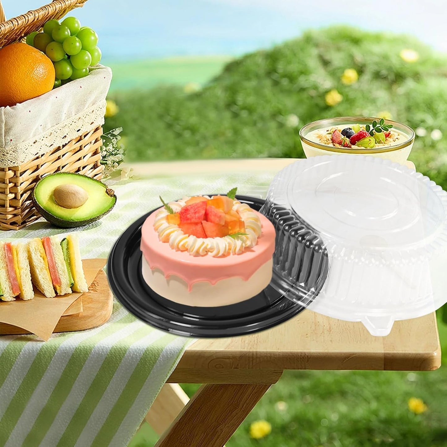 12" [5 Pack] Round Cake Pies Carriers, Black Serving Tray with Clear Lid, Disposable Cake Containers with Dome Lids Dessert Sandwich Trays for Party